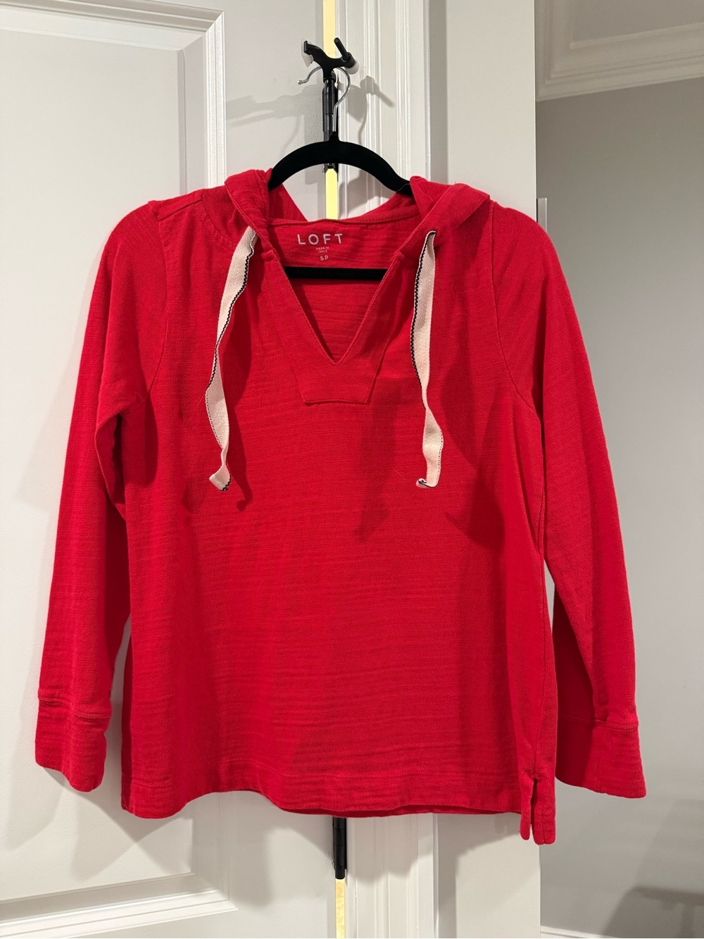 LOFT Bright Red V-Neck Hoodie with Cream Drawstrings